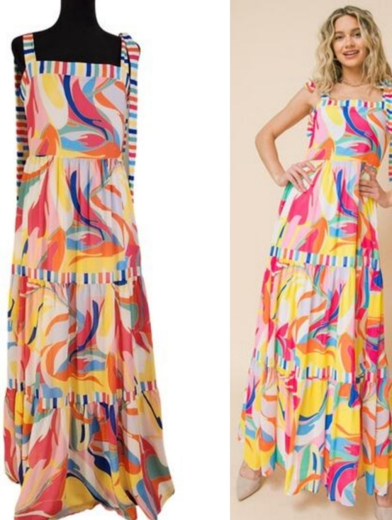 Flying Tomato Dresses & Skirts - FLYING TOMATO Print and Stripes Tiered Maxi Dress with Tie Straps, Size Medium